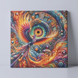 May include: A colorful abstract painting of a phoenix rising from a circular eye with geometric patterns. The phoenix is depicted in vibrant shades of orange, red, yellow, blue, and purple.