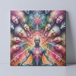 May include: A colorful, abstract painting featuring a meditating figure surrounded by a mandala of faces. The figure is blue and has a glowing heart. The faces are surrounded by a rainbow of colors.