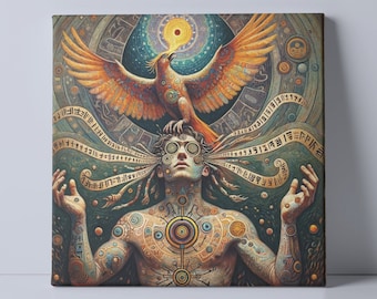 Phoenix Spirit Visionary Art Canvas Print, psychedelic art, biomechanical spiritual art, rebirth, celestial decor,