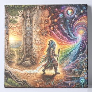 May include: A colorful, psychedelic painting depicting a Native American figure walking towards a swirling vortex of light and color. The figure is wearing a headdress and holding a staff. The background is a mix of trees, geometric patterns, and celestial bodies.