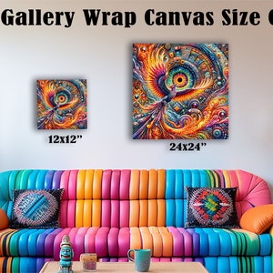 May include: A size chart for gallery wrap canvas prints featuring a colorful abstract painting of a phoenix with a large eye. The chart shows two sizes: 12x12 inches and 24x24 inches.