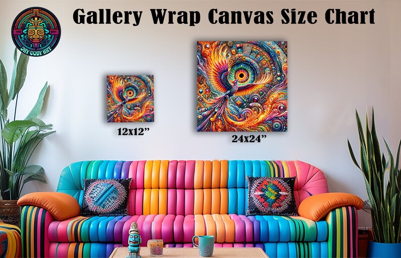 May include: A size chart for gallery wrap canvas prints featuring a colorful abstract painting of a phoenix with a large eye. The chart shows two sizes: 12x12 inches and 24x24 inches.