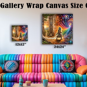 May include: A size chart for gallery wrap canvas prints. The chart shows two sizes: 12x12 inches and 24x24 inches. The image shows a colorful, abstract painting of a person walking through a forest with a rainbow.