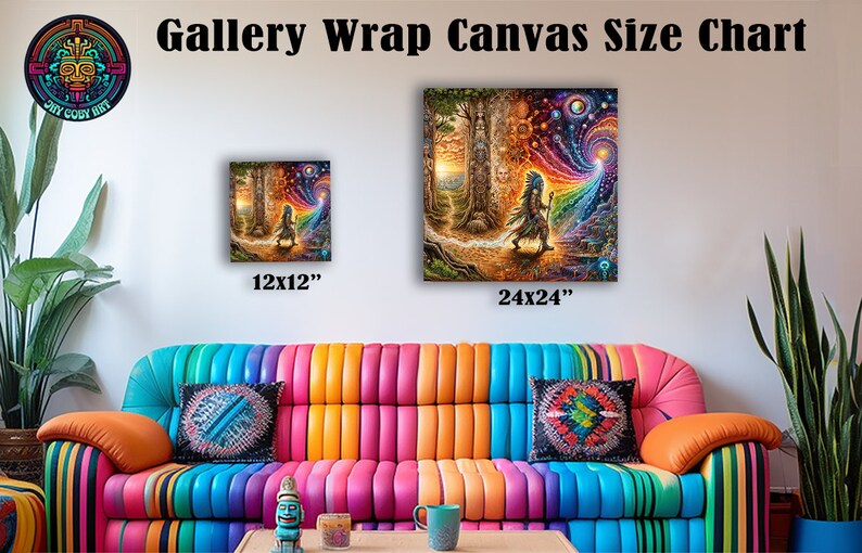 May include: A size chart for gallery wrap canvas prints. The chart shows two sizes: 12x12 inches and 24x24 inches. The image shows a colorful, abstract painting of a person walking through a forest with a rainbow.
