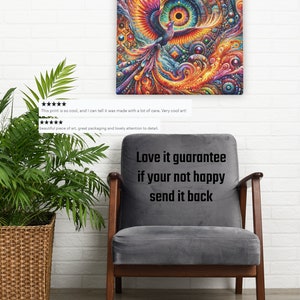 May include: A colorful abstract painting of a phoenix with a large eye in the center. The painting is framed and hanging on a white brick wall. The text "Tightly folded corners and solid front prevent sagging and stretching" is above the painting. The text "Love it guarantee if your not happy send it back" is on a gray chair. The text "PHY COBY ART" is on a round sticker on the floor.
