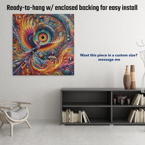 May include: A colorful abstract painting of a phoenix with a large eye in the background. The painting is ready to hang with an enclosed backing for easy installation.  "Want this piece in a custom size? message me"
