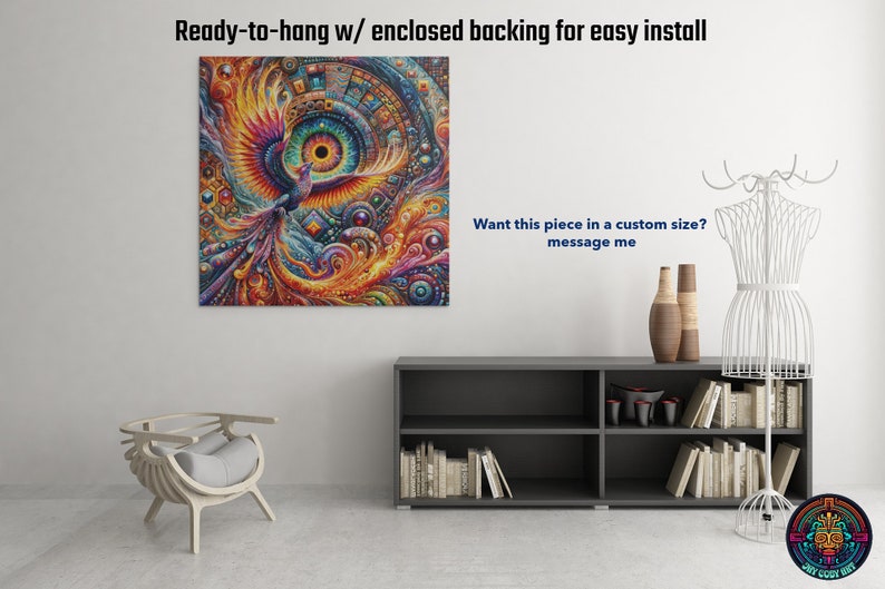 May include: A colorful abstract painting of a phoenix with a large eye in the background. The painting is ready to hang with an enclosed backing for easy installation.  "Want this piece in a custom size? message me"