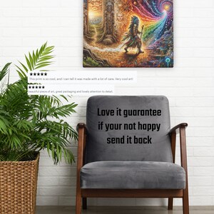May include: A colorful psychedelic art print featuring a Native American figure walking through a forest towards a swirling rainbow vortex. The print is framed and hanging on a white brick wall. The text "Love it guarantee if your not happy send it back" is printed on a gray chair in the foreground. The text "PHY COBY ART" is printed on a round logo in the bottom right corner of the image.