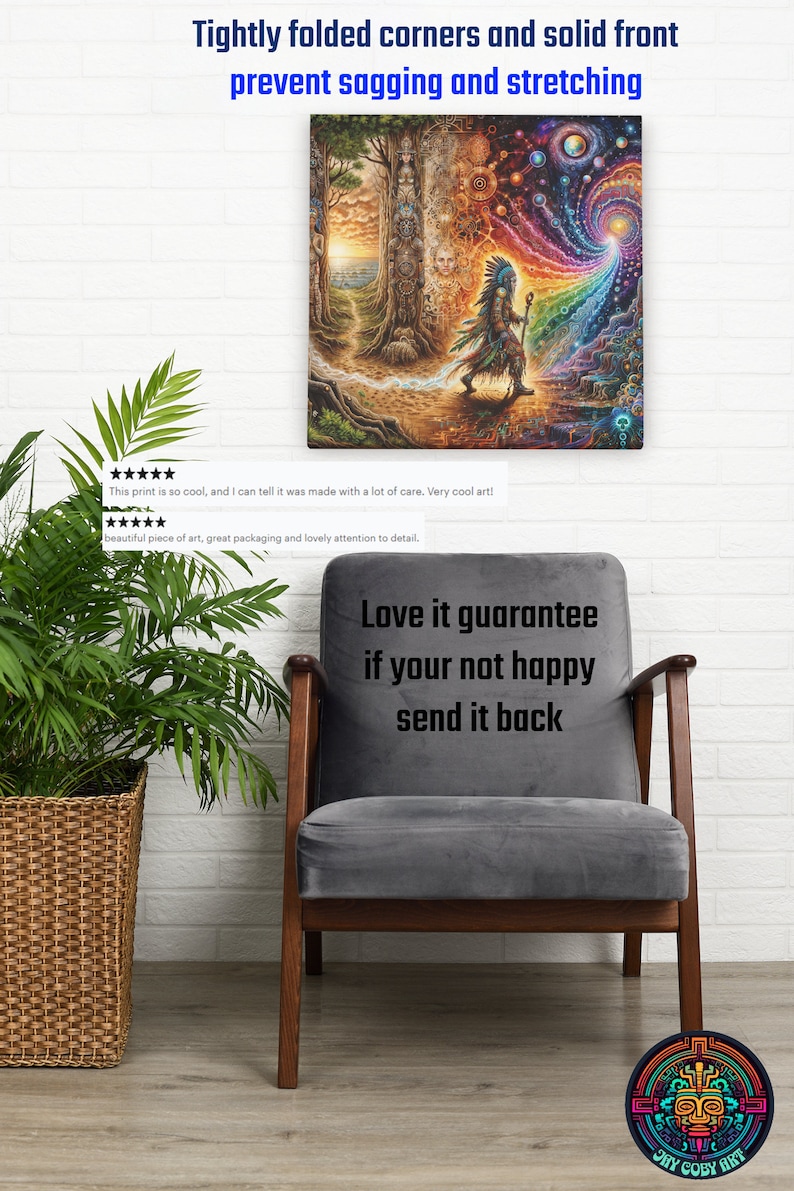 May include: A colorful psychedelic art print featuring a Native American figure walking through a forest towards a swirling rainbow vortex. The print is framed and hanging on a white brick wall. The text "Love it guarantee if your not happy send it back" is printed on a gray chair in the foreground. The text "PHY COBY ART" is printed on a round logo in the bottom right corner of the image.