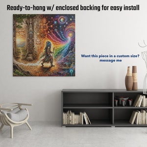 May include: A colorful canvas print featuring a Native American figure walking through a forest with a rainbow and stars in the background. The print is ready to hang with an enclosed backing for easy installation. "Want this piece in a custom size? message me"