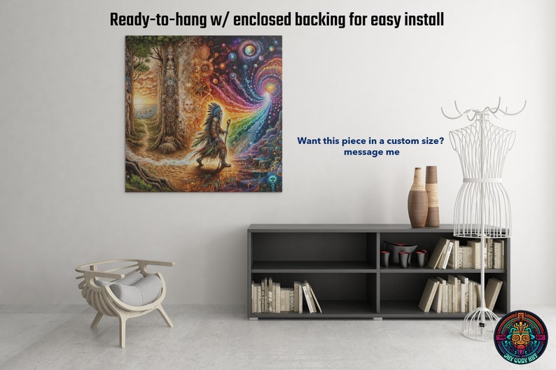 May include: A colorful canvas print featuring a Native American figure walking through a forest with a rainbow and stars in the background. The print is ready to hang with an enclosed backing for easy installation. "Want this piece in a custom size? message me"