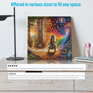 May include: A colorful canvas print featuring a Native American figure walking through a forest towards a swirling vortex of light. The print is surrounded by a white border and is displayed on a wooden table with a black lamp and other decor.