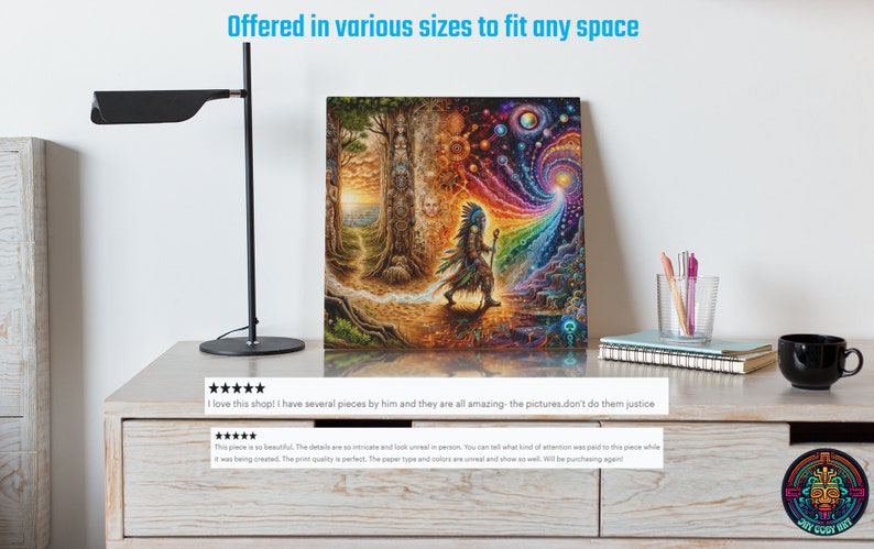 May include: A colorful canvas print featuring a Native American figure walking through a forest towards a swirling vortex of light. The print is surrounded by a white border and is displayed on a wooden table with a black lamp and other decor.