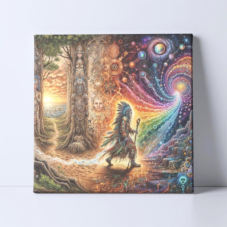 May include: A colorful, psychedelic painting depicting a Native American figure walking towards a swirling vortex of light and color. The figure is wearing a headdress and holding a staff. The background is a mix of trees, geometric patterns, and celestial bodies.