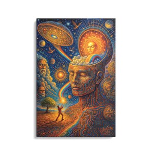 Könnte beinhalten: Ein psychedelisches Gemälde eines menschlichen Kopfes mit einem Regenbogen und einer Sonne im Inneren. Der Kopf ist von einer wirbelnden Galaxie mit Sternen und Planeten umgeben. Im Hintergrund sind auch Figuren von Menschen zu sehen.