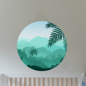 Wall Decal Nature & Mountains / Moon Shaped Foliage and Tropical Mountains Circle Wall Sticker / Home Decor