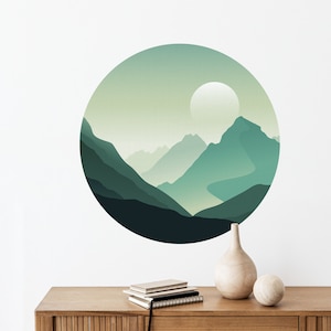 Wall Decal Nature & Mountains / Moon Shaped Abstract Green Mountains Circle Wall Sticker / Home Decor