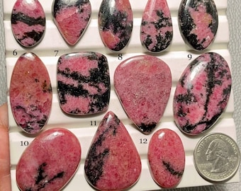 May include: A collection of twelve polished rhodonite gemstones in various shapes, including oval, teardrop, and rectangular. The stones display a vibrant pink hue with striking black veining. A US quarter is included for size reference.