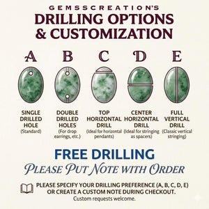 May include: Image showcasing gemstone drilling options and customization. Options include single, double, top horizontal, center horizontal, and full vertical drills. Text encourages customers to specify their drilling preference or create a custom note.