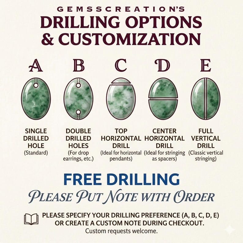 May include: Image showcasing gemstone drilling options and customization. Options include single, double, top horizontal, center horizontal, and full vertical drills. Text encourages customers to specify their drilling preference or create a custom note.