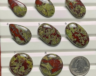 May include: A collection of eight polished dragon blood jasper gemstones in various shapes. The stones display a mix of deep red and olive green colors. A US quarter is included for size comparison.