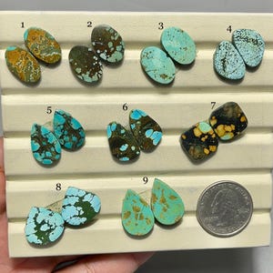 May include: A collection of nine pairs of turquoise gemstones in various shapes and colors, including oval, teardrop, and irregular forms. The stones display a range of blue, green, brown, and yellow hues, with unique veining patterns. A US quarter is included for size reference.