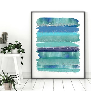 Ocean Colors Brushstrokes with Silver Accents - Aqua, Blue, Teal, Green - Instant Download Wall Art Print