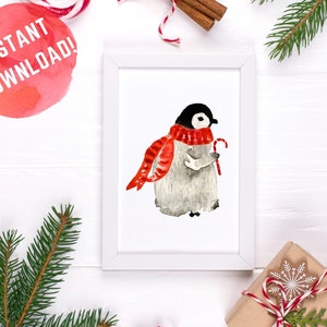 Penguin Art Print, Christmas Print, Printable Christmas Art, Instant Download, Holiday Decor, Christmas Penguin, Watercolor Christmas