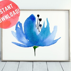 Blue Watercolor Flower Print, Printable Wall Art, Flower Stem Art Print, Blue Botanical Watercolor, Digital Download, Watercolor Floral Art