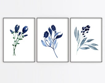 Set of 3 Navy Blue Flower Stems Instant Download Printable Art - Instant Gallery Wall - 36 Total Files Included