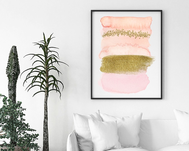 Abstract Pink and Gold Wall Art Watercolor Brushstrokes Etsy