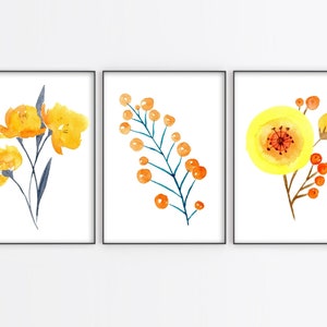 Set of 3 Yellow and Orange Flower Stems Instant Download Printable Art - Instant Gallery Wall - 36 Total Files Included
