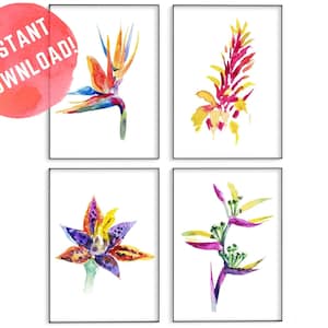 Tropische Blumen Drucke, druckbare Wandkunst, sofortiger Download, sofortige Galerie Wand, Paradiesvogel, Luau Dekor, Luau Party Zeichen