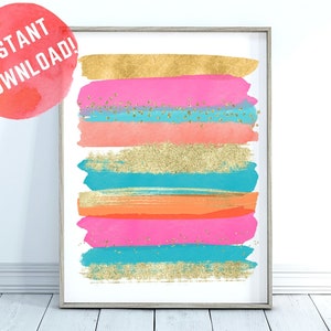 Bright Colored Wall Art, Coral Pink Teal Gold Wall Art, Instant Download, Watercolor Brushstrokes Poster, Colorful Abstract Art