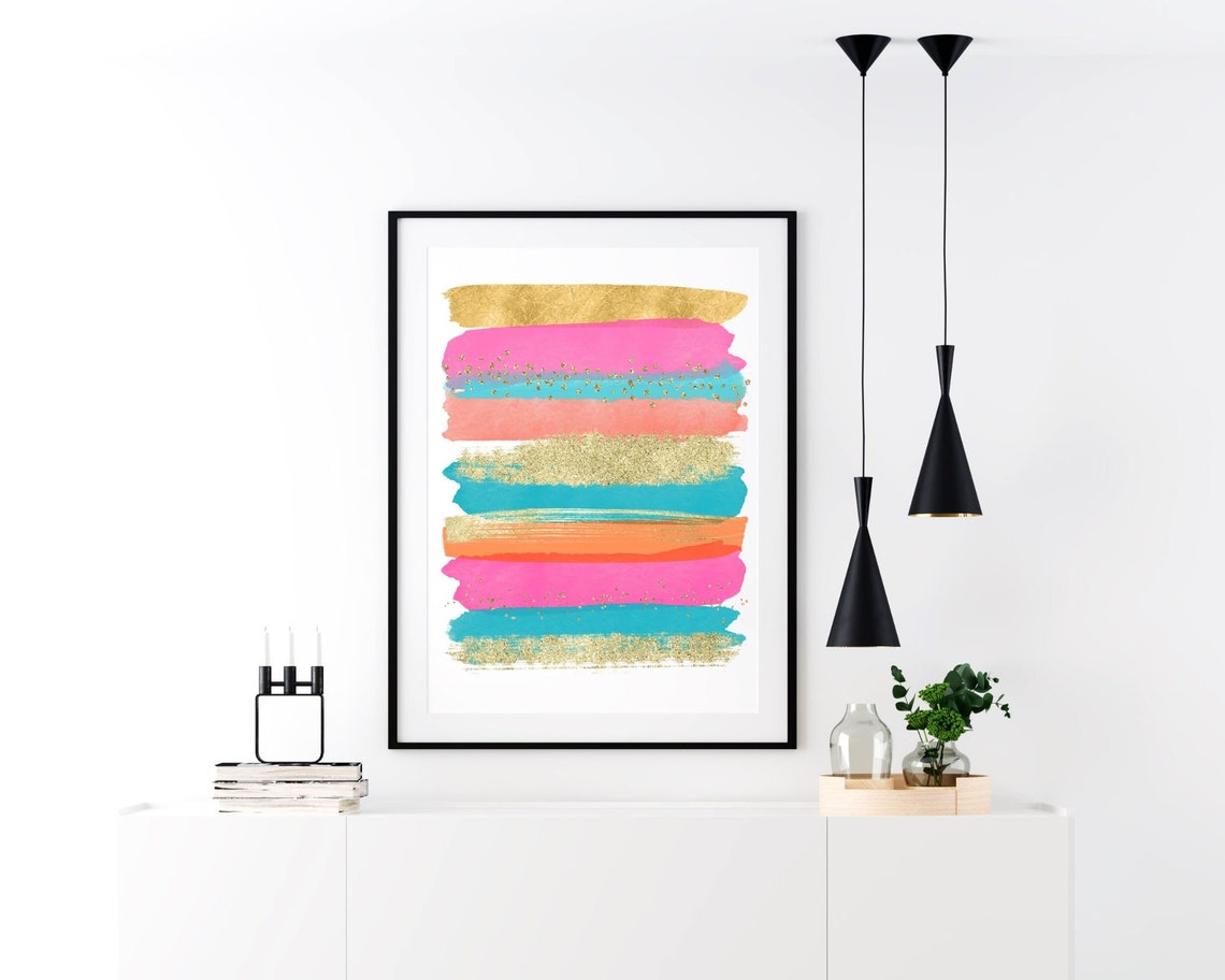 Bright Colored Wall Art Coral Pink Teal Gold Wall Art Etsy