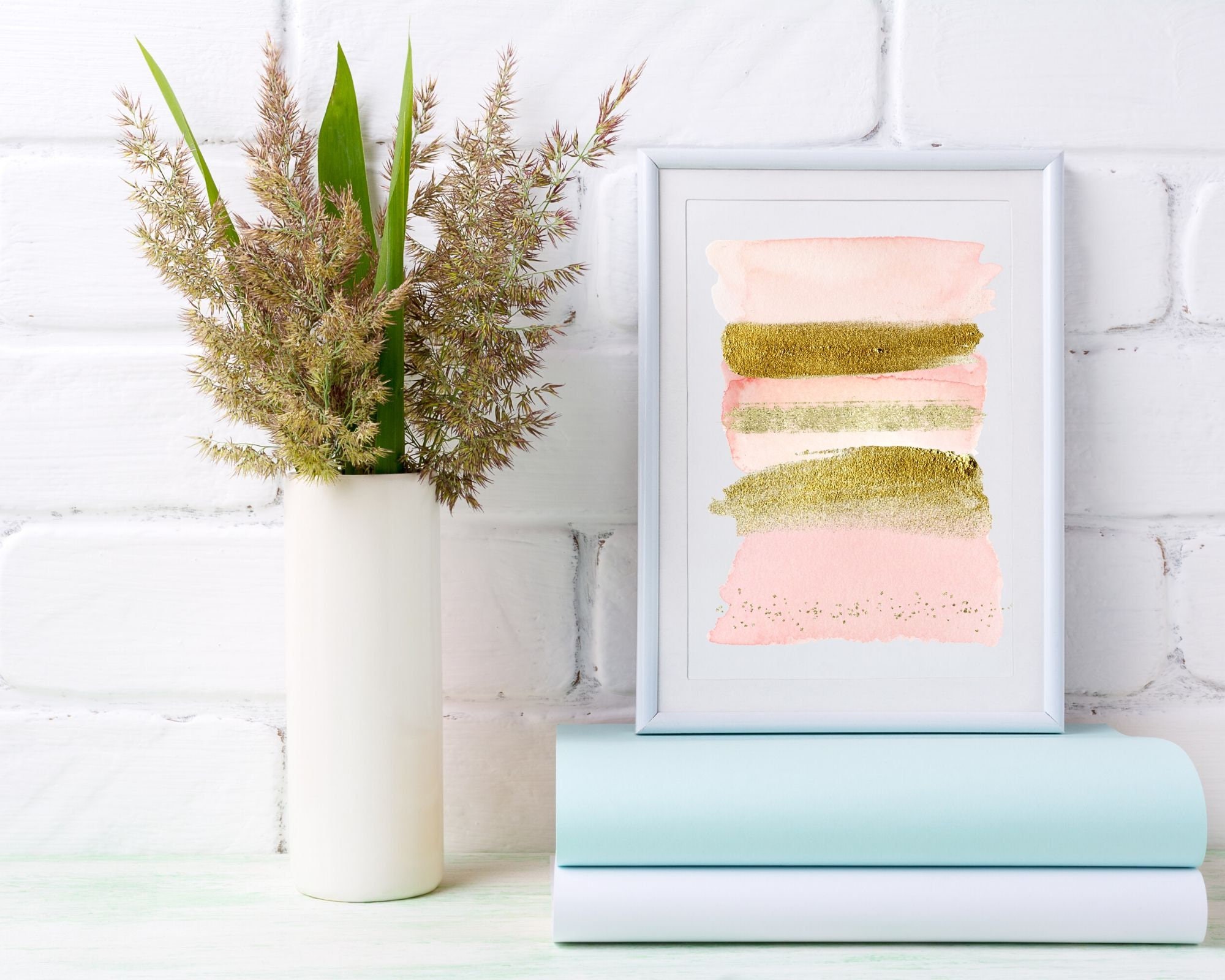 Abstract Pink and Gold Wall Art Watercolor Brushstrokes Etsy