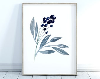 Blue Watercolor Flower Print, Printable Wall Art, Flower Stem Art Print, Blue Botanical Watercolor, Navy Boho Wall Art, Digital Download