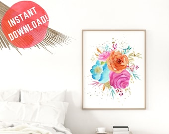 Bright Colored Wall Art, Coral Pink Teal Gold Wall Art, Instant Download, Watercolor Flower Poster, Tropical Colors Flower Bouquet