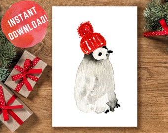 Penguin Art Print, Christmas Print, Printable Christmas Art, Instant Download, Holiday Decor, Christmas Penguin, Watercolor Christmas