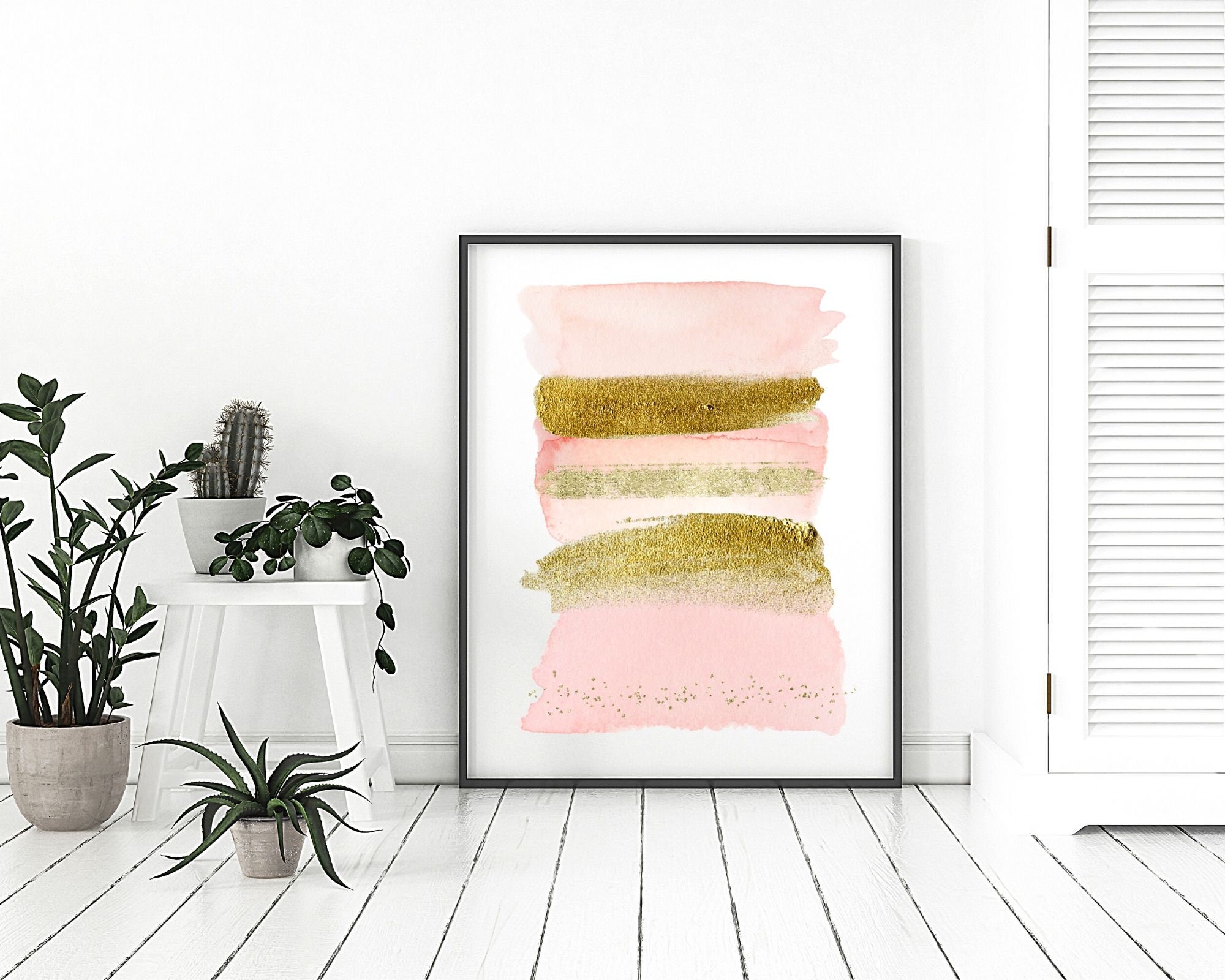 Abstract Pink and Gold Wall Art Watercolor Brushstrokes Etsy