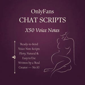 Puede incluir: Un gráfico morado oscuro con texto blanco que dice "OnlyFans CHAT SCRIPTS" y "X50 Voice Notes". El texto adicional dice "Ready-to-Send Voice Note Scripts Flirty, Natural & Easy to Use Written by a Real Creator - No AI". Un dibujo lineal blanco de una mujer está a la derecha.