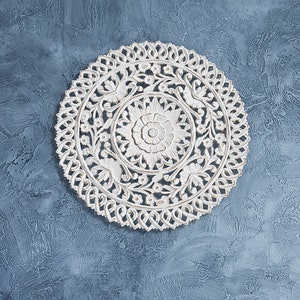 24&quot; Intricately Carved Floral Round Medallion, Wall Hanging, Home Decor, Wooden Wall Panel, Home Goods, White, Rustic, Wall Art, Wall Decor