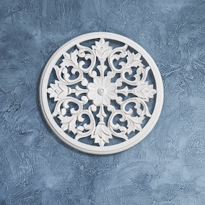 24&quot; Carved Floral Round Medallion, Wall Hanging, Home Decor, Wooden Wall Panel, Floral, Home Goods, White, Rustic, Wall Art, Wall Decor