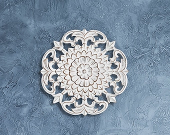 Ornate White Wooden Wall Medallion - 16" Hand-Painted Wall Decor