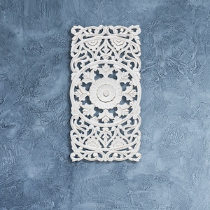 Hand Carved Wood Wall Panel: Distressed White Medallion, 16&quot; x 32&quot;