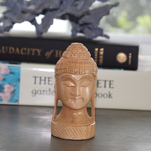 Hand Carved Wooden Buddha Head Statue: Boho Home Decor