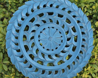 16" Blue Vine Wood Wall Medallion: Rustic Elegant Home Decor