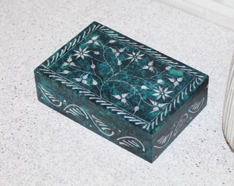 Carved Floral Soapstone Box: Blue Jewelry Box, Table Decor (6” x 4”)