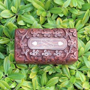 Small Floral Wooden Box With Brass Inlay