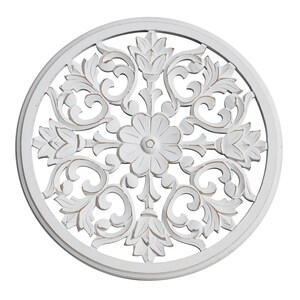 Floral Medallion Wall Hanging: Rustic White Wooden Wall Art (24&quot;)